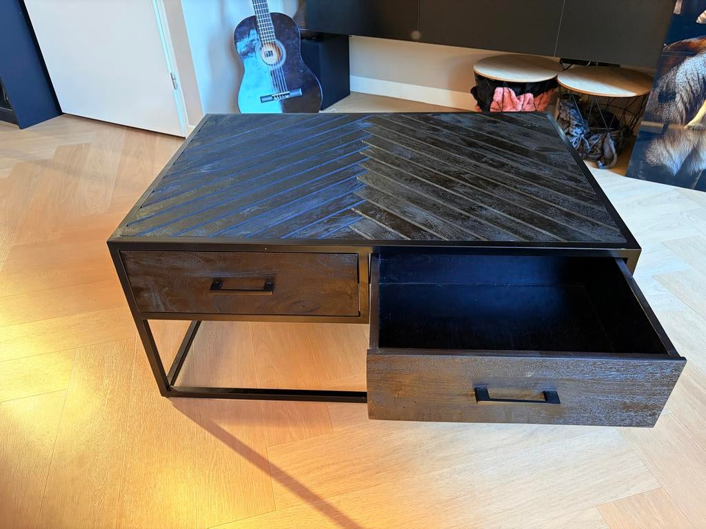 Salontafel met lades - Zwart hout en metaal, Ophalen, 100 tot 150 cm, 50 tot 100 cm, Zo goed als nieuw