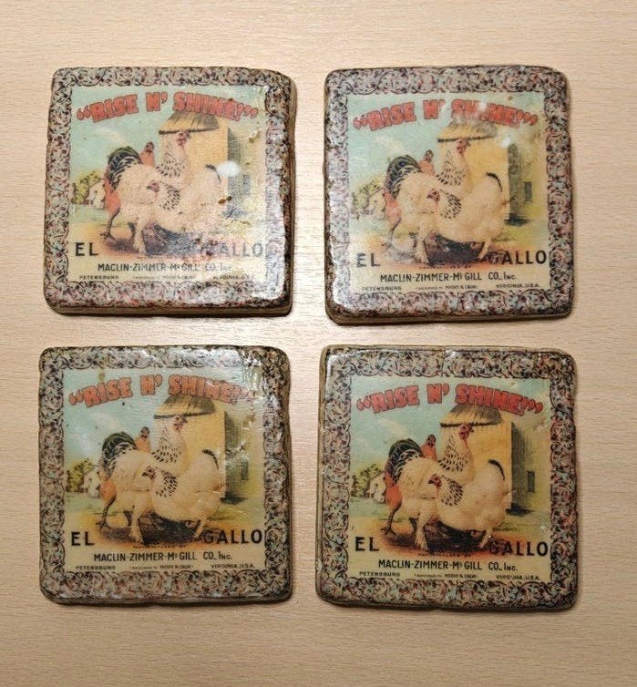 Set van 4 vintage onderzetters, Gebruikt, Steen/keramiek, Glasonderzetter, Meerkleurig