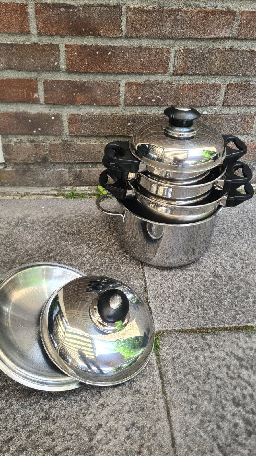 Compacte RVS pannenset voor camping of kleine keuken, Ophalen, Gebruikt, Pannenset, Rvs