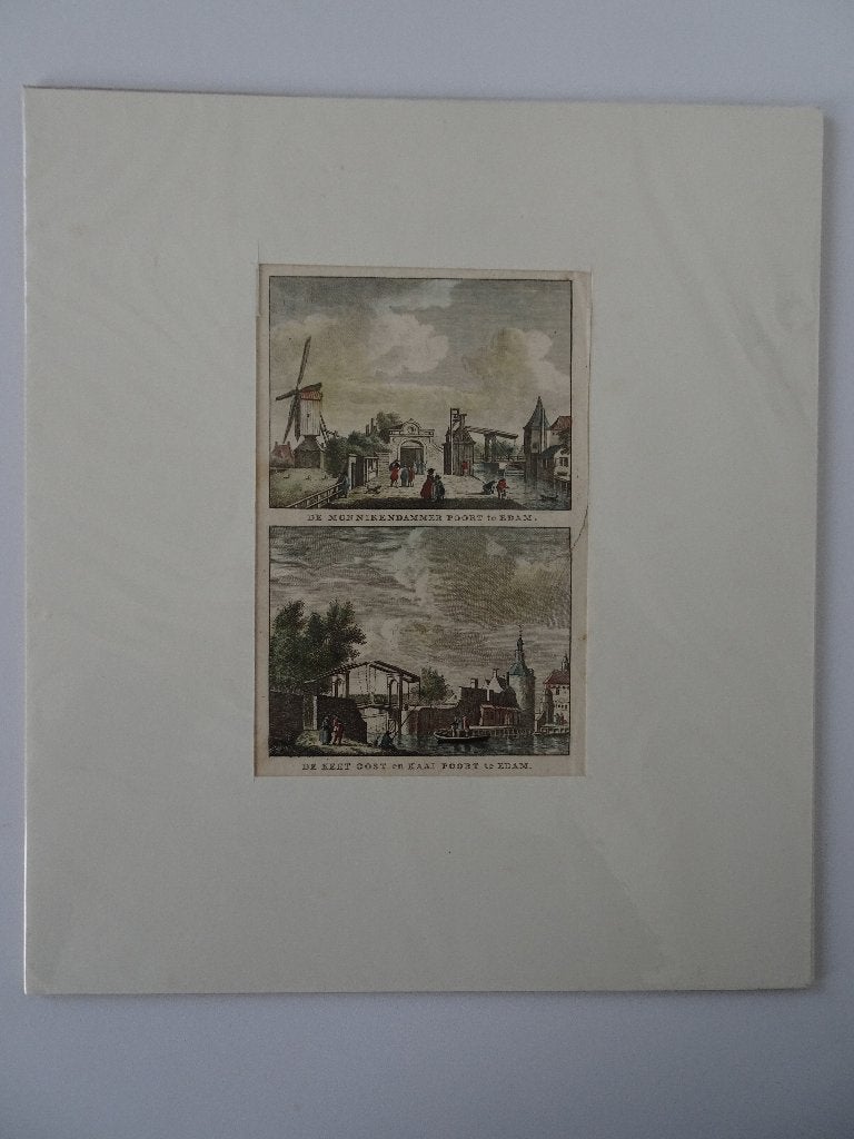 kleurengravure Monnikendammer en Kaai poort Edam, 1790, Ophalen of Verzenden, Gravure, Origineel