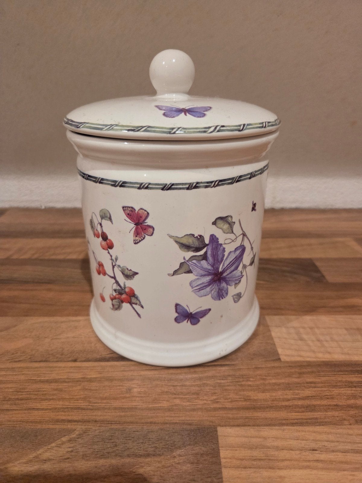 Voorraadpot met vlinders en bloemen - Keramiek, Gebruikt, Ophalen of Verzenden, Voorraadpot, Steen/keramiek