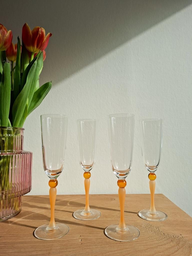Vintage kristallen champagne glazen met oranje steel, 8 x, Ophalen of Verzenden, Zo goed als nieuw, Overige typen
