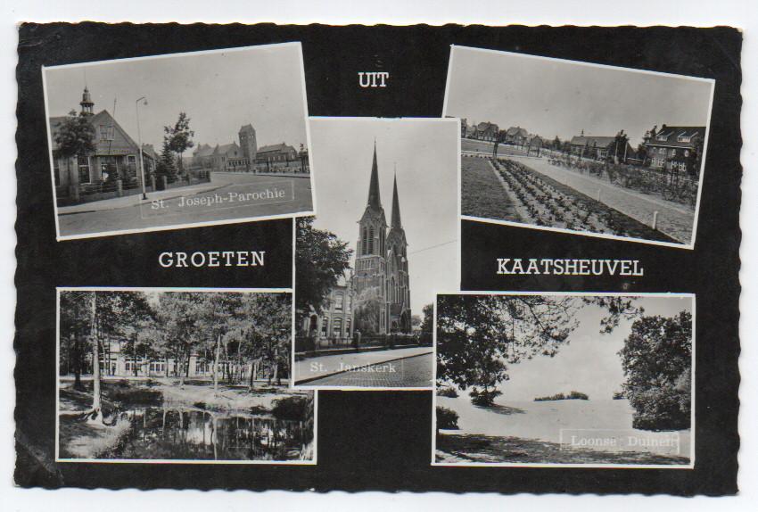Groeten uit Kaatsheuvel o.a. Loonse duinen, kerk 1957, Ophalen, 1940 tot 1960, Gelopen, Noord-Brabant