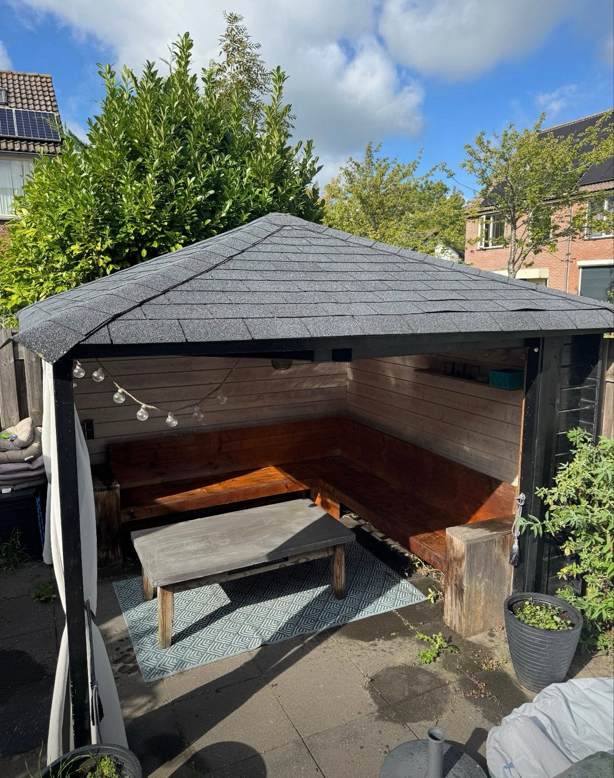 Houten tuinhuis met overkapping, Tuin en Terras, Ophalen, Tuinhuis, 250 tot 500 cm, Zonder ramen