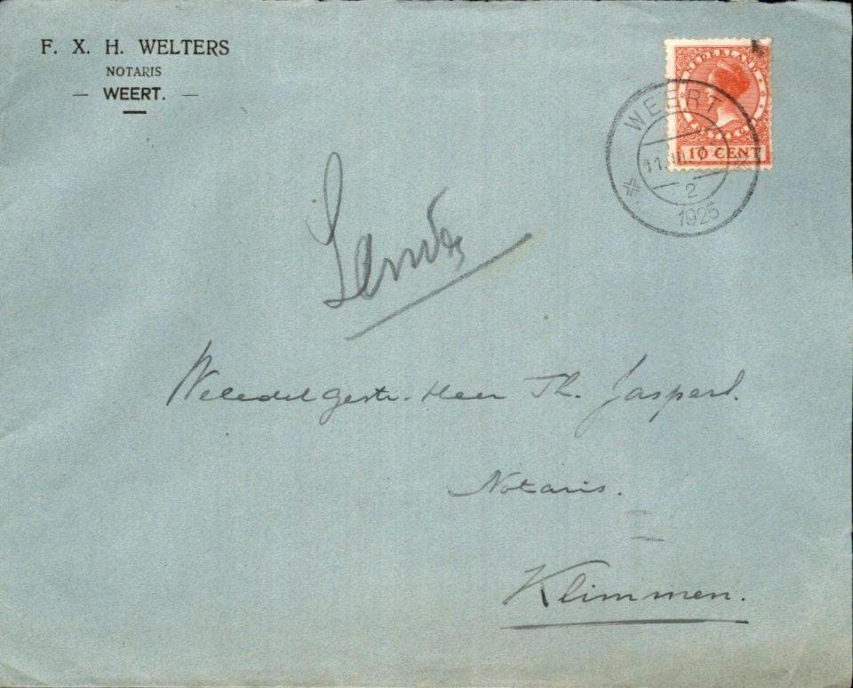 Weert - F. Welters - Notaris - 1925, Verzenden, Envelop
