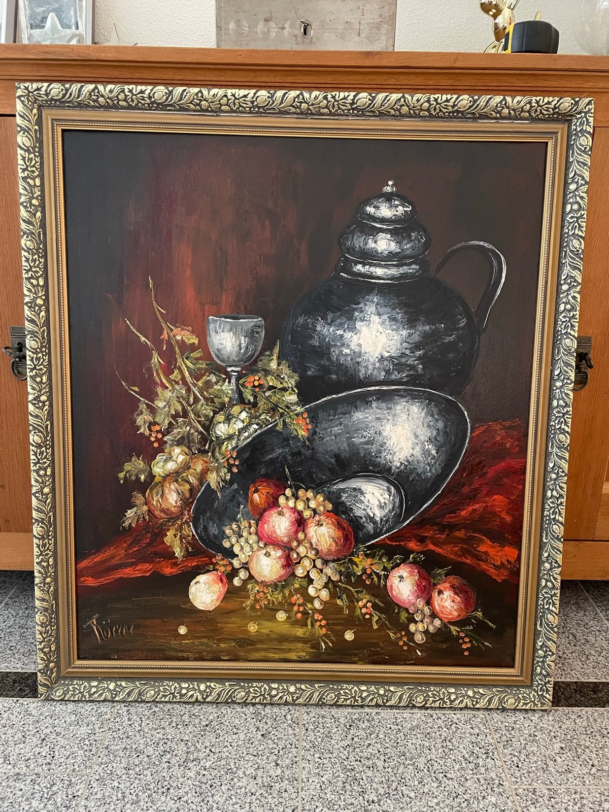 Prachtig stilleven schilderij van Körver met fruit en kan, Doek, Stilleven, Ophalen of Verzenden, Handgeschilderd