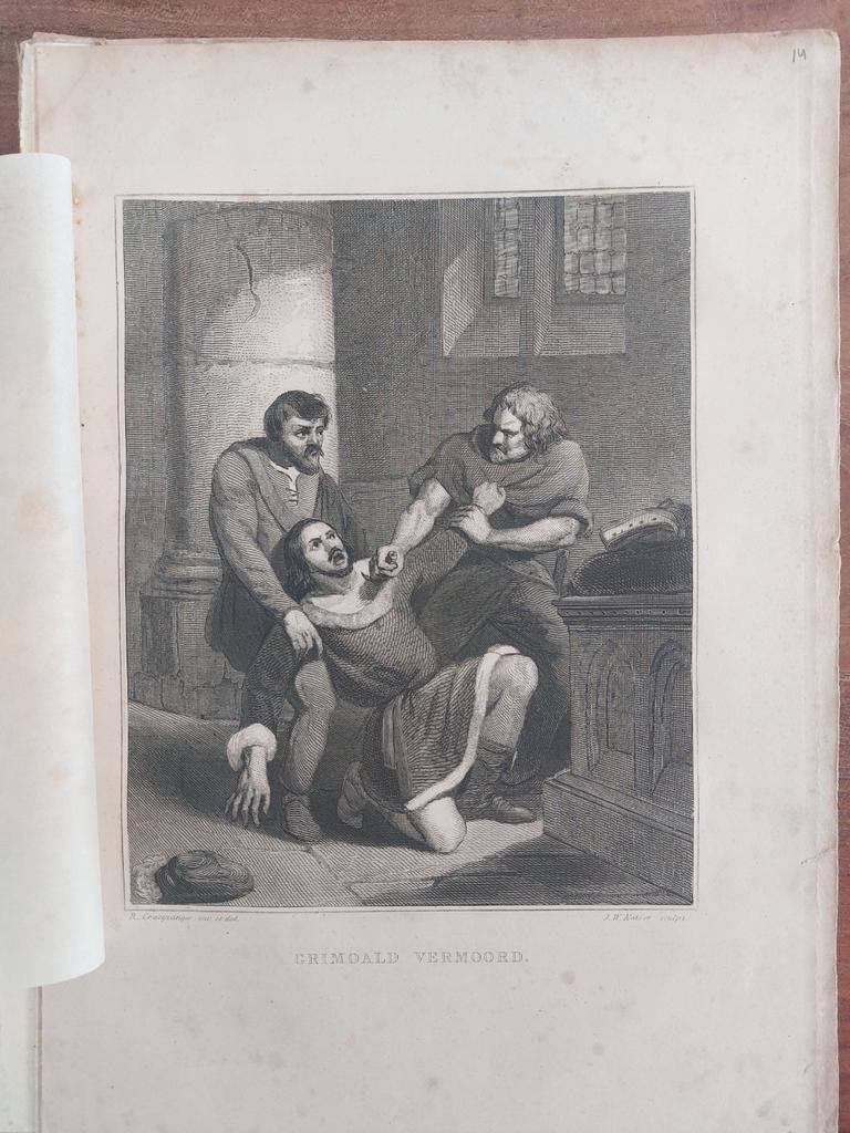 14 / Grimoald vermoord in het jaar 714  - Staalgravure 1841, Ophalen of Verzenden