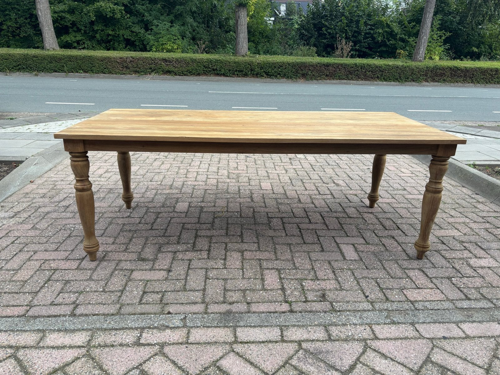 Brocante houten eettafel 220x100 met gedraaide poten, Ophalen, 50 tot 100 cm, Vier personen, Rechthoekig