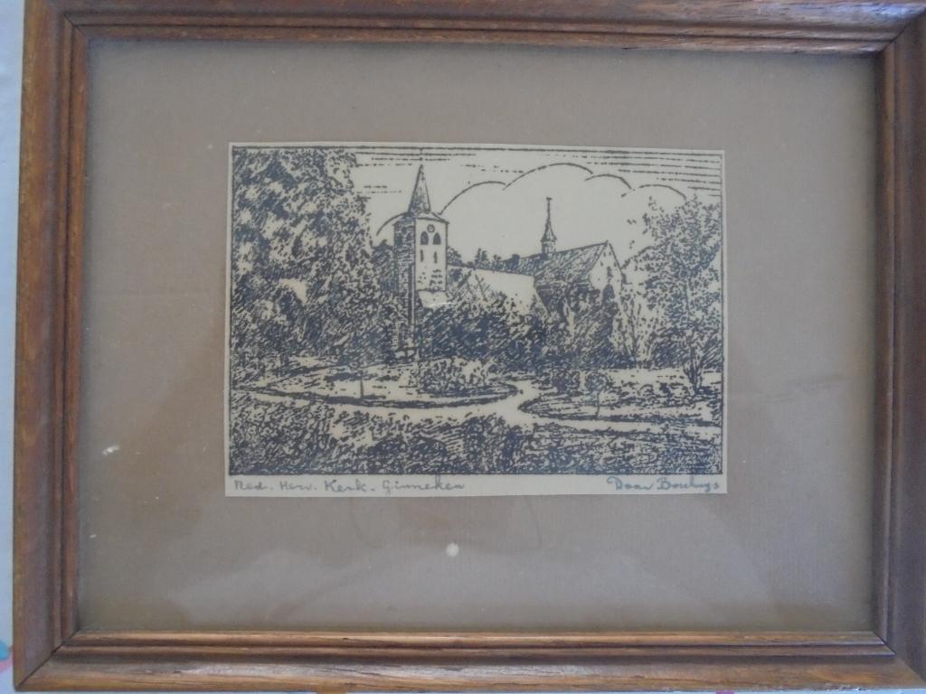 Ned. Hervormde kerk.Ginneken Etsje Jaren 1930/40, Ophalen, Ets, Stadsgezicht, Ingelijst