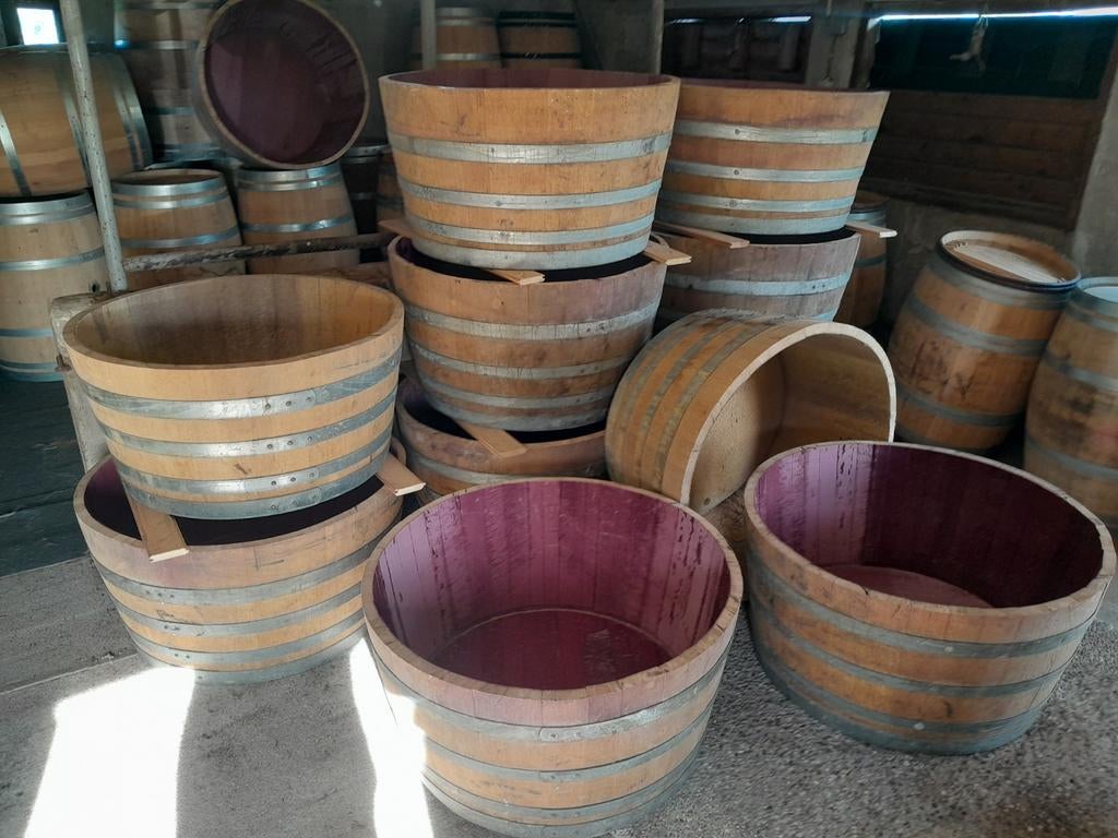 Eiken halve plantenbakken,wijnvaten en regentonnen div.maten, Ophalen, Rond, Nieuw, 60 tot 100 cm