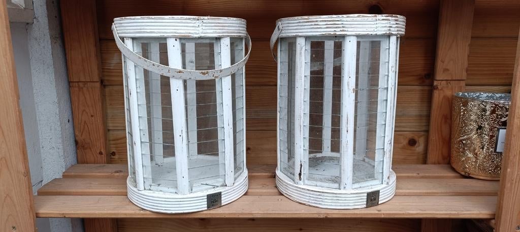 Rivièra Maison windlicht wit hout/glas - Brocante stijl, Huis en Inrichting, Ophalen