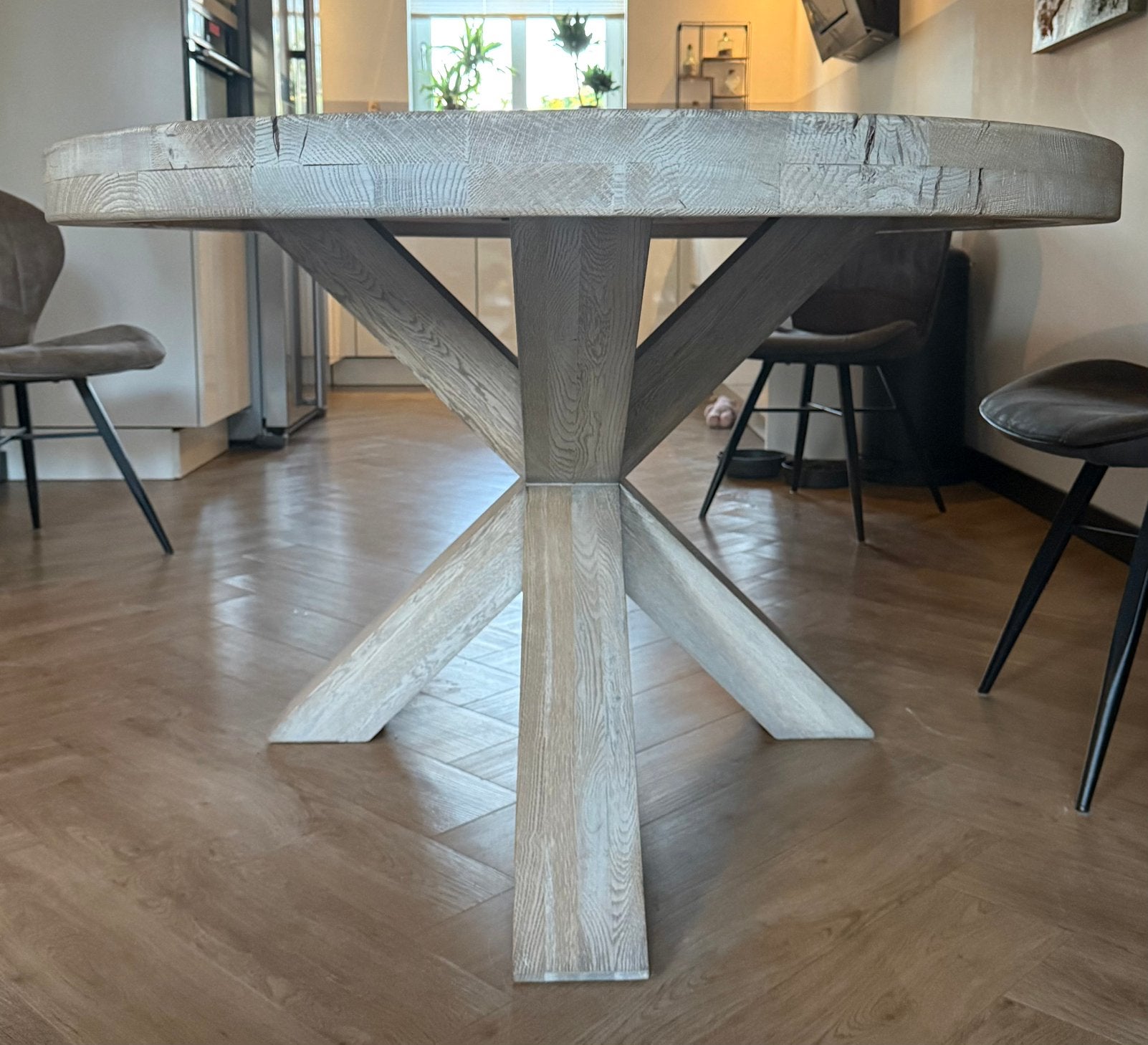 Robuust massief eiken ovale eettafel 220 evt met TV-dressoir, Ophalen, 100 tot 150 cm, Eikenhout, 200 cm of meer