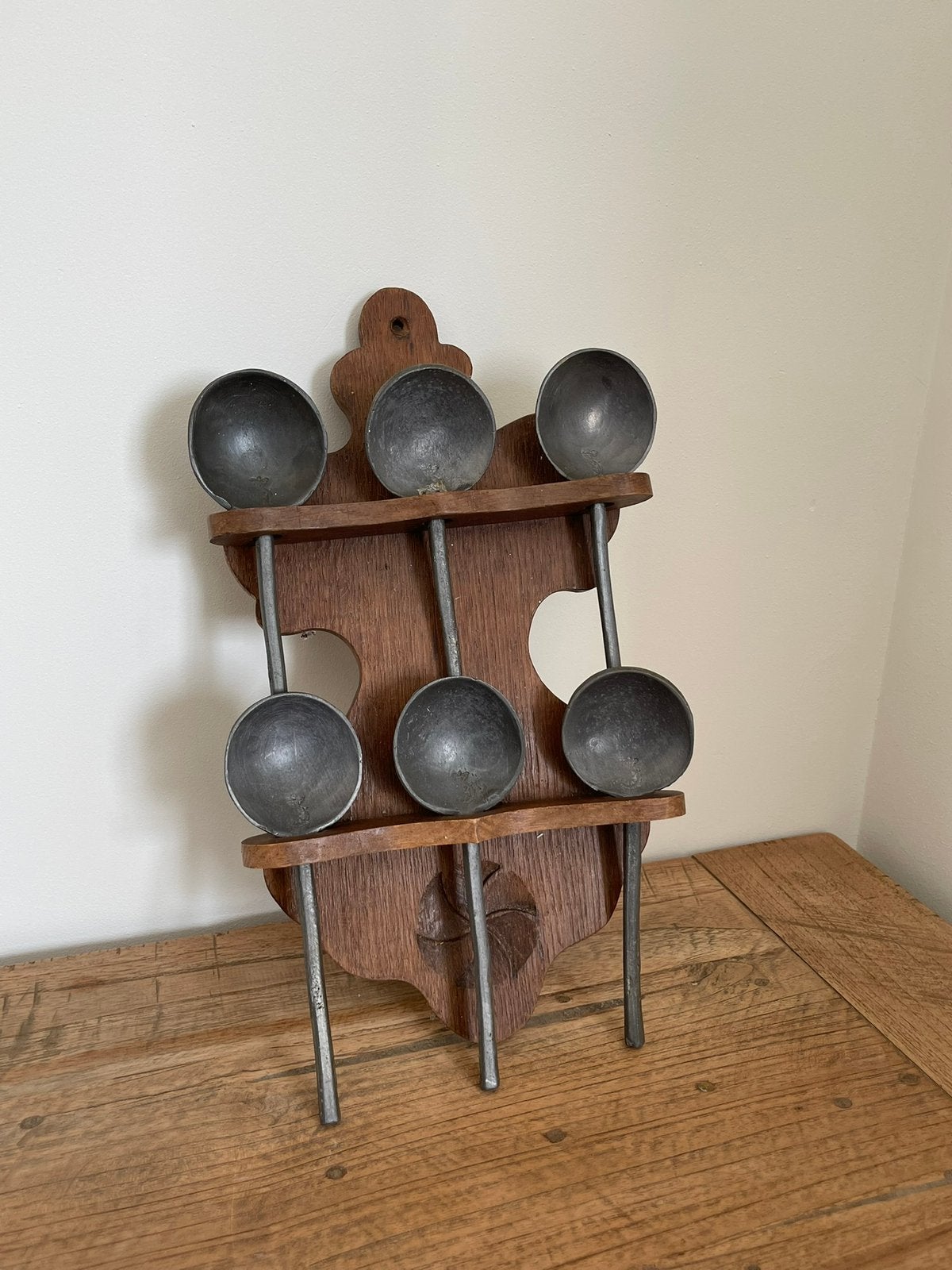 Vintage Oud-hollands lepelrek met 6 tinnen lepels, Ophalen of Verzenden