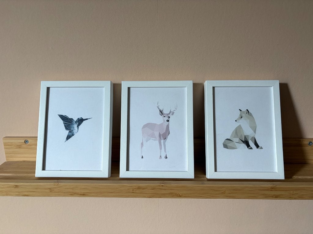 3 prints inclusief lijst bosdieren, Ophalen of Verzenden, Zo goed als nieuw, Wanddecoratie