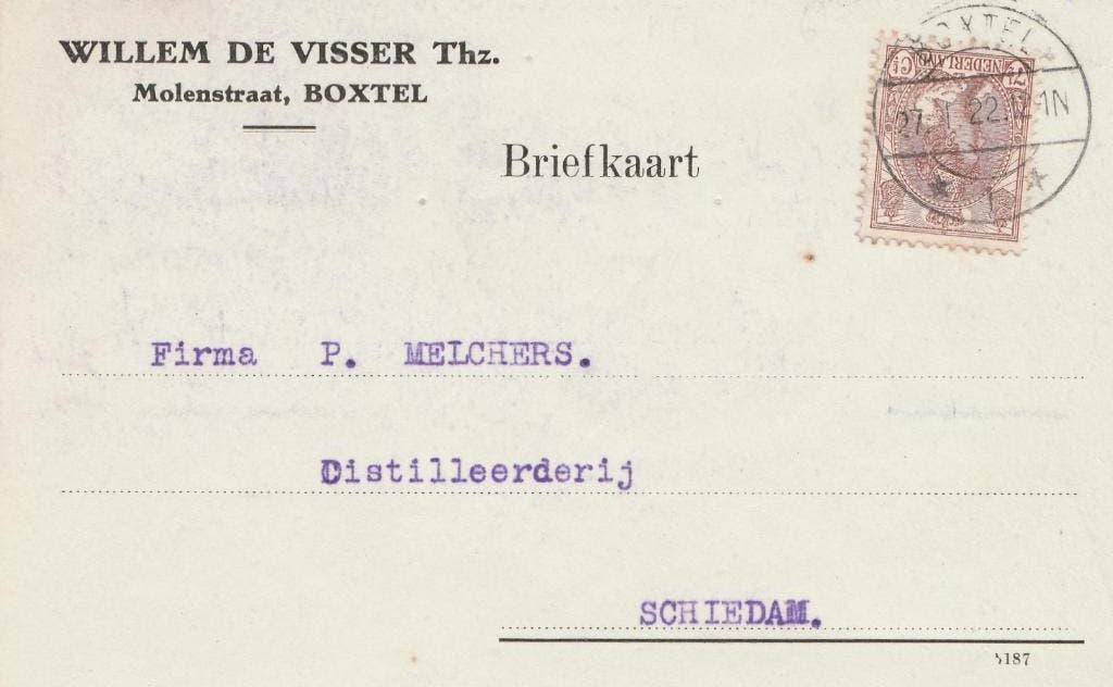 BOXTEL 1922 Willem de VISSER Thz fustje citroengenever 5, Verzenden, 1920 tot 1940, Gelopen, Noord-Brabant