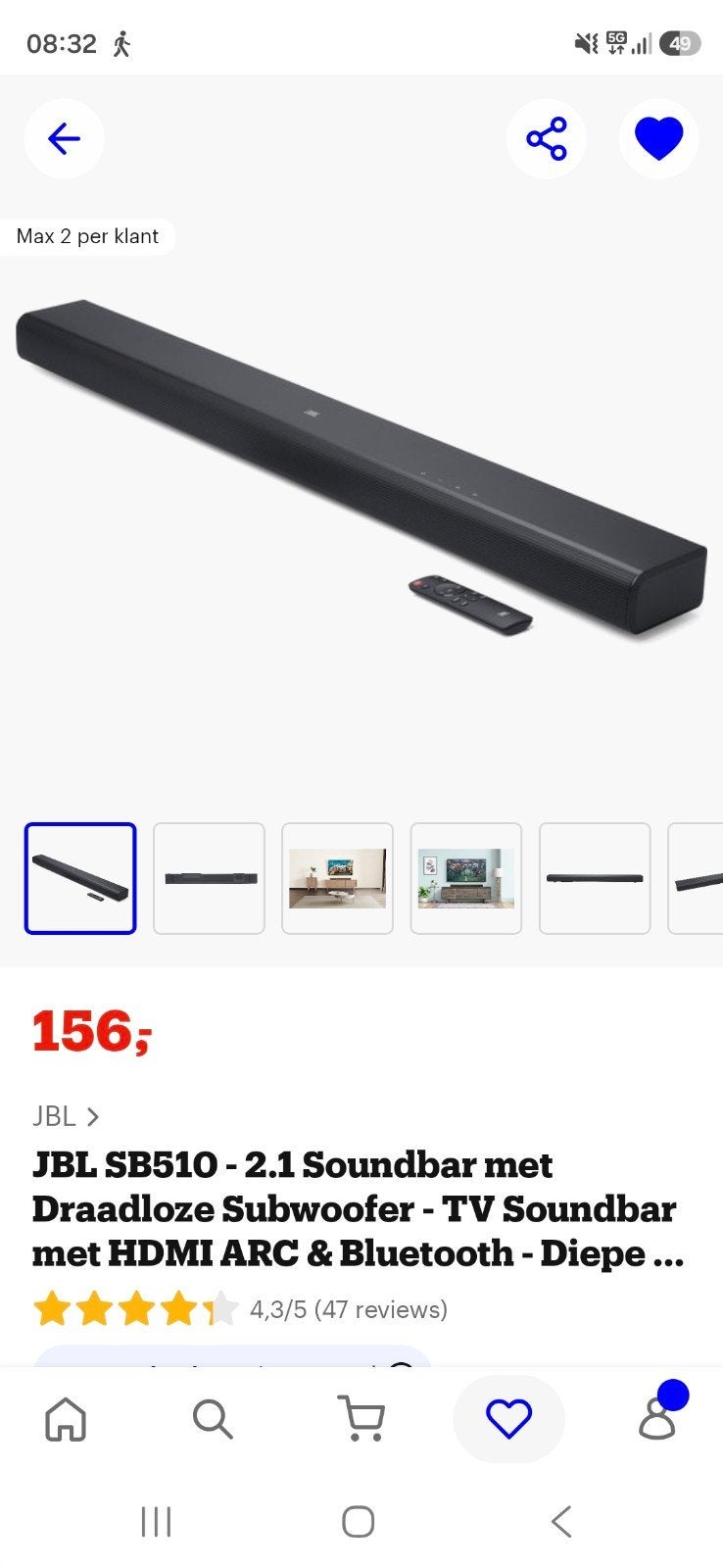 JBL SB510 - 2.1 Soundbar met Draadloze Subwoofer - ZGAN, Ophalen, Bluetooth, Zo goed als nieuw