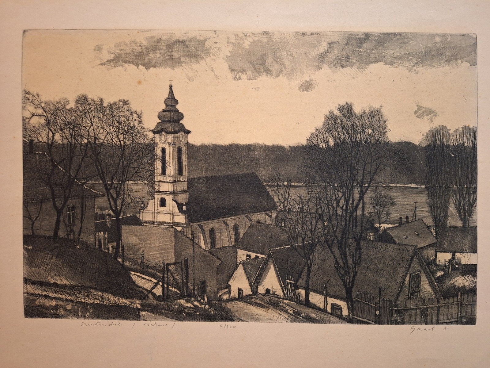 Ets rivierlandschap met kerk door Gaal, Antiek en Kunst, Ets, Ophalen of Verzenden, Gesigneerd, Landschap
