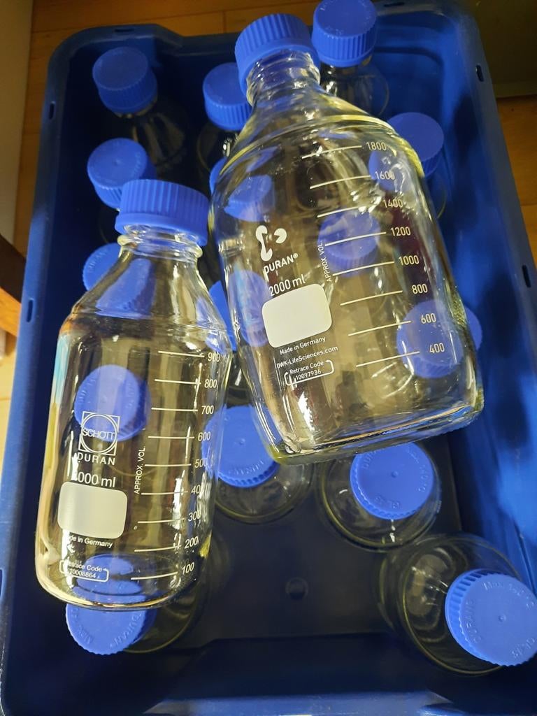 16x Schott Duran GL45 flessen 1 liter, Ophalen, Gebruikt