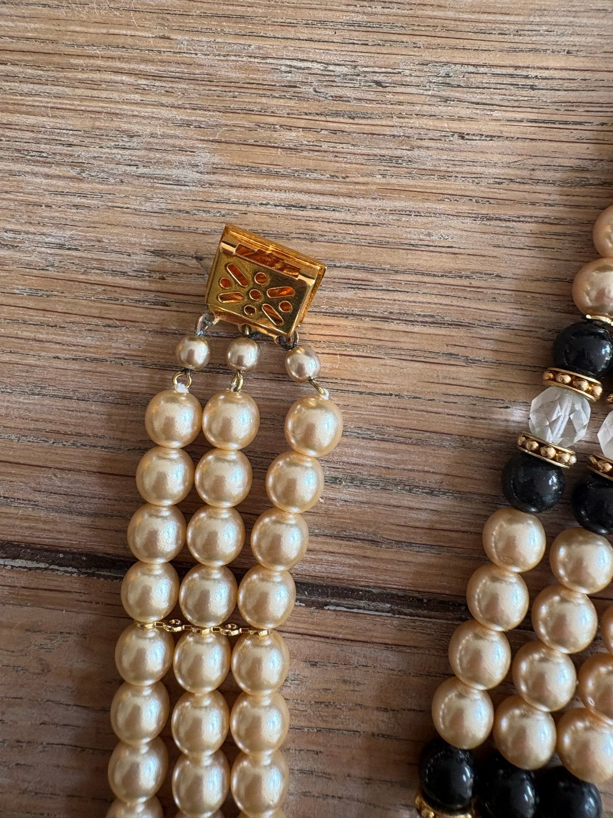 Vintage parelketting en armband set, Met kristal, Overige materialen, Beige, Ophalen of Verzenden