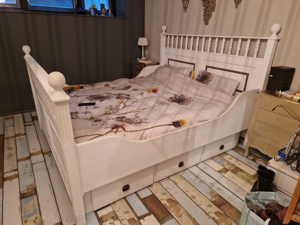 "Antiek" Ledikant, bedombouw voor waterbed, Ophalen, Gebruikt, 210 cm, Tweepersoons