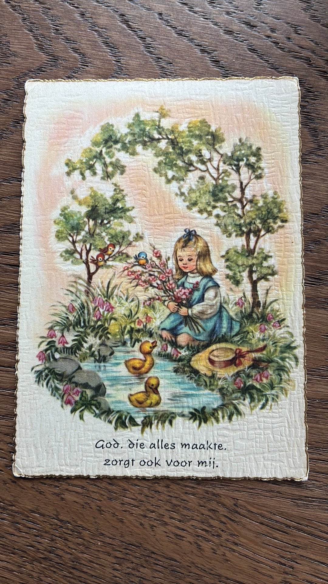 Meisje,vijver,eenden.God,die allesmaakte zorgt ook voor mij., Ophalen of Verzenden, 1940 tot 1960, Ongelopen, Kinderen
