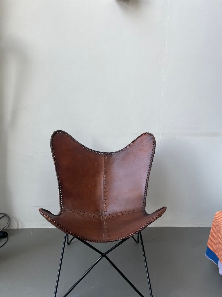 Vlinderstoel, Ophalen, Bruin, Vintage, Leer