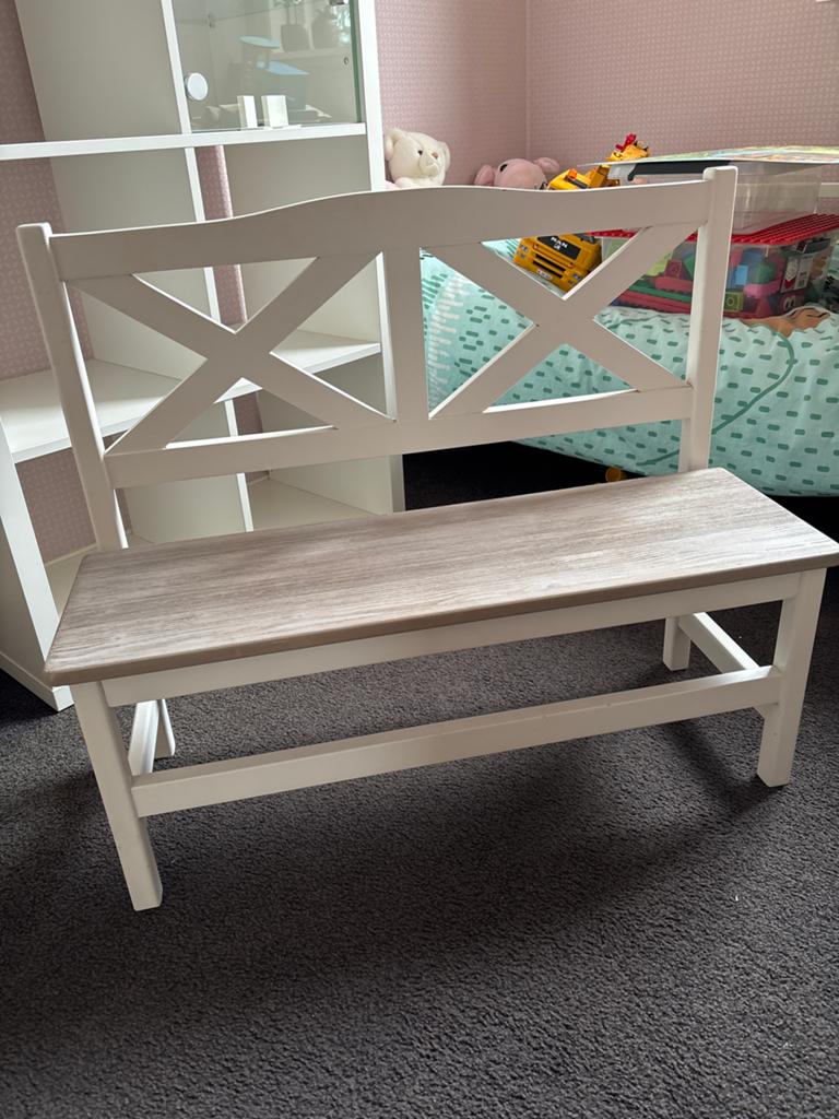 Witte houten bankje met grijze zitting, Gebruikt, Minder dan 75 cm, Minder dan 50 cm, Ophalen