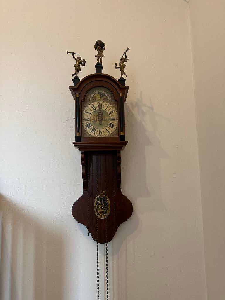 Antieke Friese Staartklok met Maanstand en Scheepjes, Antiek en Kunst, Ophalen of Verzenden