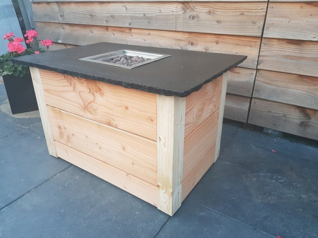 Houten vuurtafel met leistenen blad - 70x100 cm, Ophalen, Zo goed als nieuw