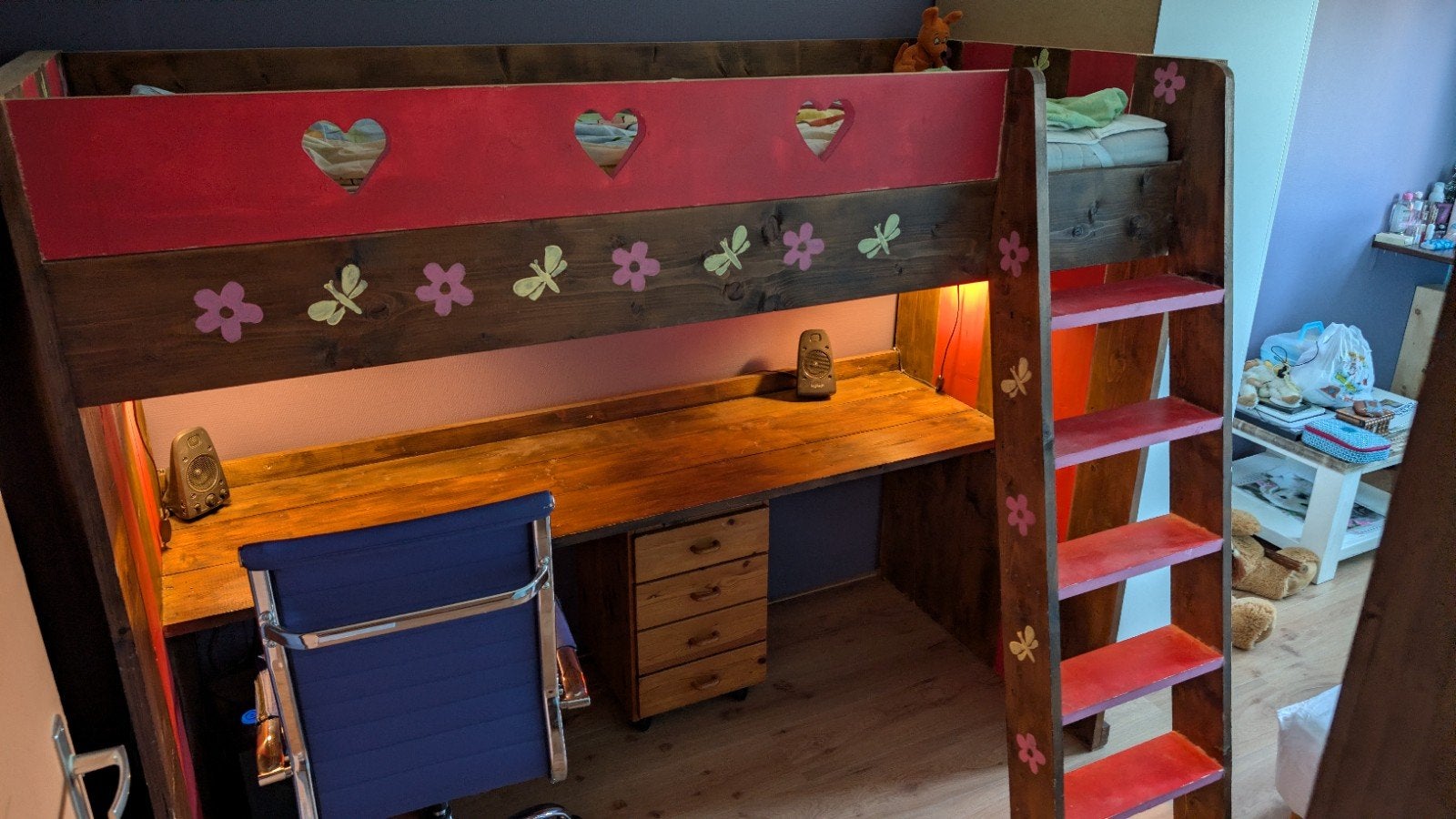 steigerhouten bed hoogslaper met bureau, Ophalen, Eenpersoons, Hoogslaper