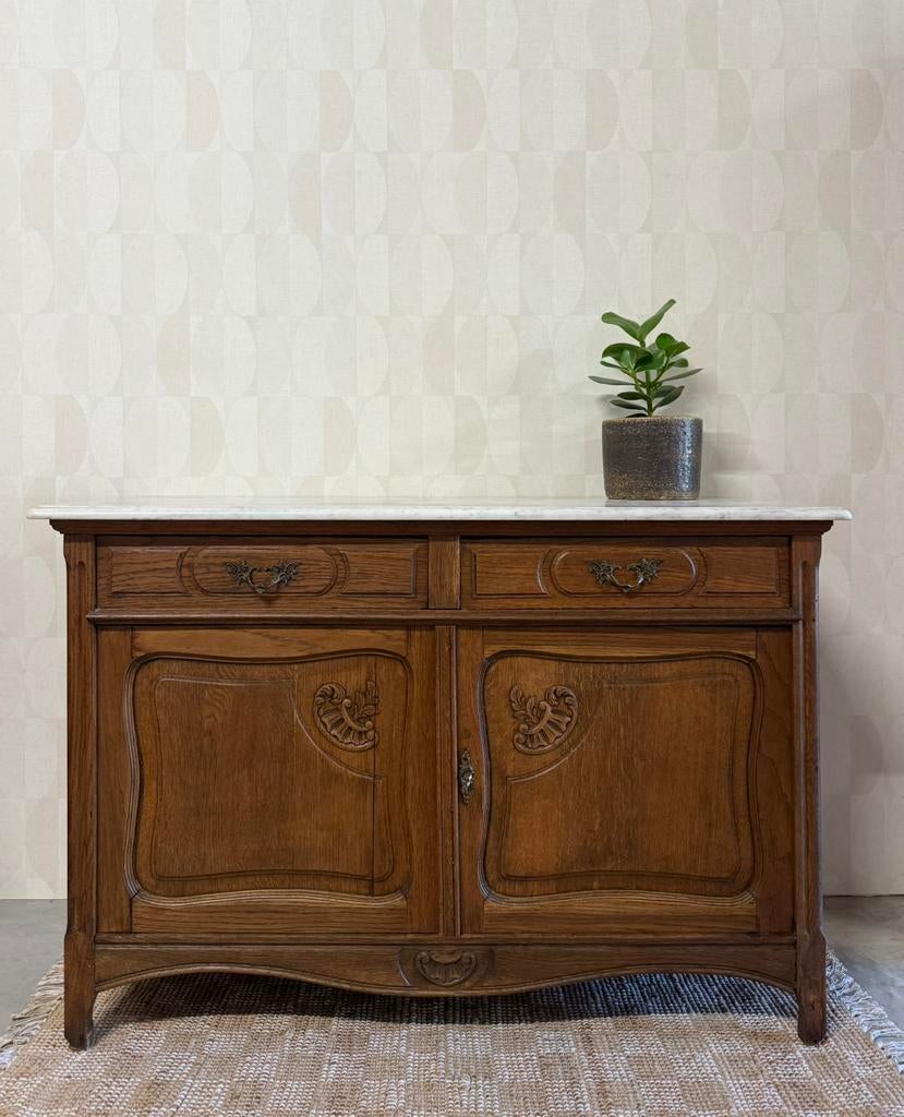 Vintage antiek commode marmer eikenhout houtsnijwerk messing, Gebruikt, Vintage, 25 tot 50 cm, Vintage