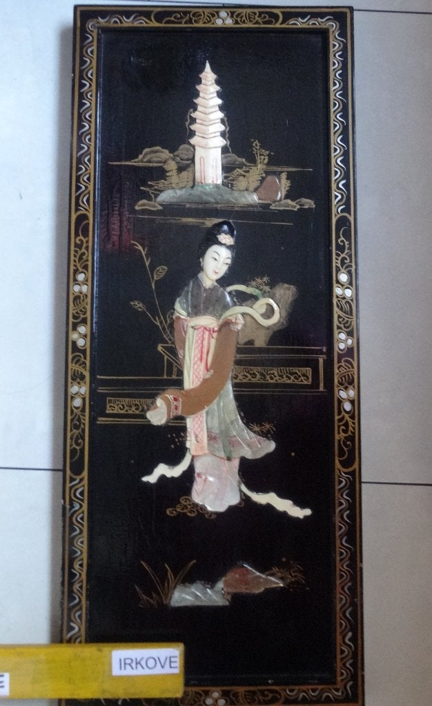 LAK PANEEL GEISHA IN TUIN * Met Jade o.a. *, Antiek en Kunst, Kunst | Niet-Westerse kunst, Wanddecoratie, Natuurlijk materiaal