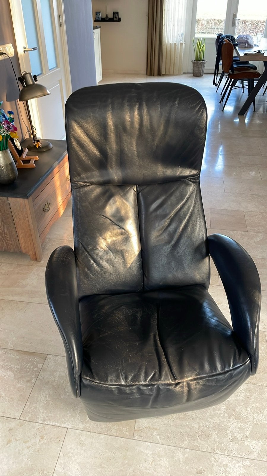 Blauw leren Jori relaxfauteuil met verstelbare rugleuning, Ophalen, Gebruikt, Leer, 75 tot 100 cm