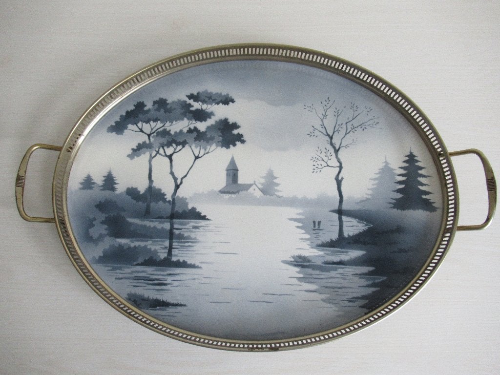 Groot antiek art deco dienblad met Oud Hollands landschap, Ophalen of Verzenden