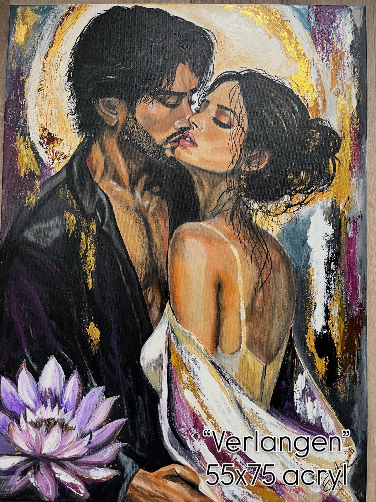 Verlangen: Romantisch Acrylschilderij van een omhelzing, Antiek en Kunst, Gesigneerd, Ophalen of Verzenden, Textiel, Figuren
