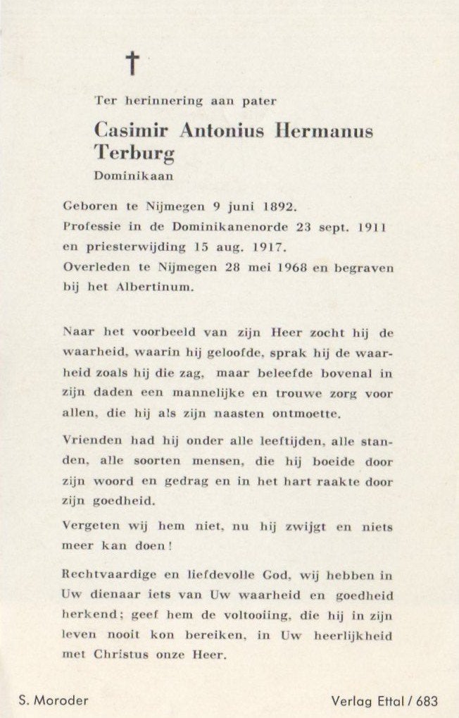 pater Casimir A.H. Terbug 1892 Nijmegen + 1968 Nijmegen, Ophalen of Verzenden