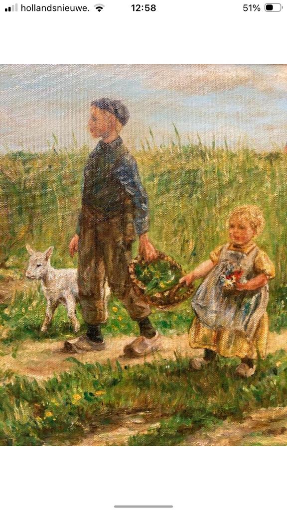 Schilderij kinderen met geitje, Antiek en Kunst, Kunst | Schilderijen | Klassiek, Ophalen of Verzenden