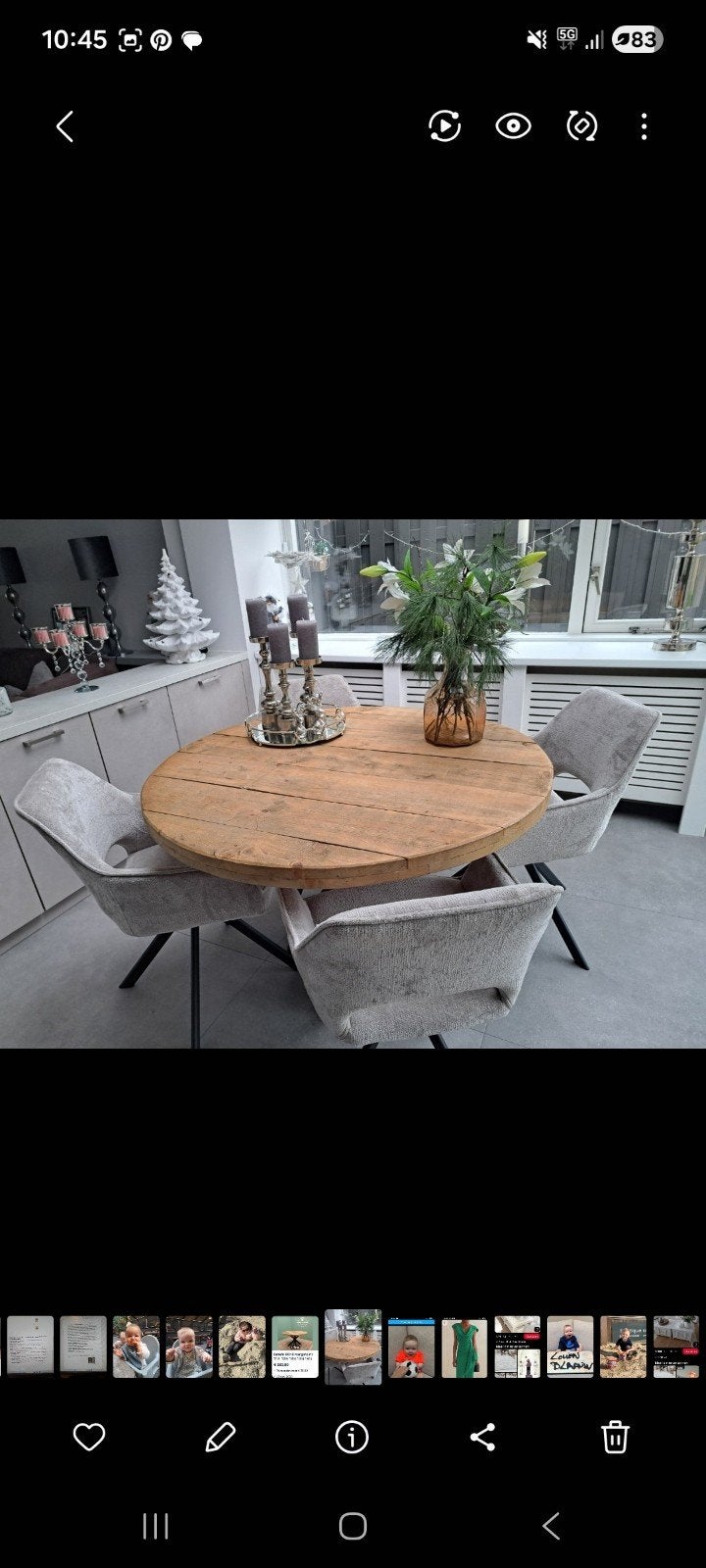 Ronde eettafel van massief hout met metalen onderstel, Overige houtsoorten, Gebruikt, Rond, Ophalen of Verzenden