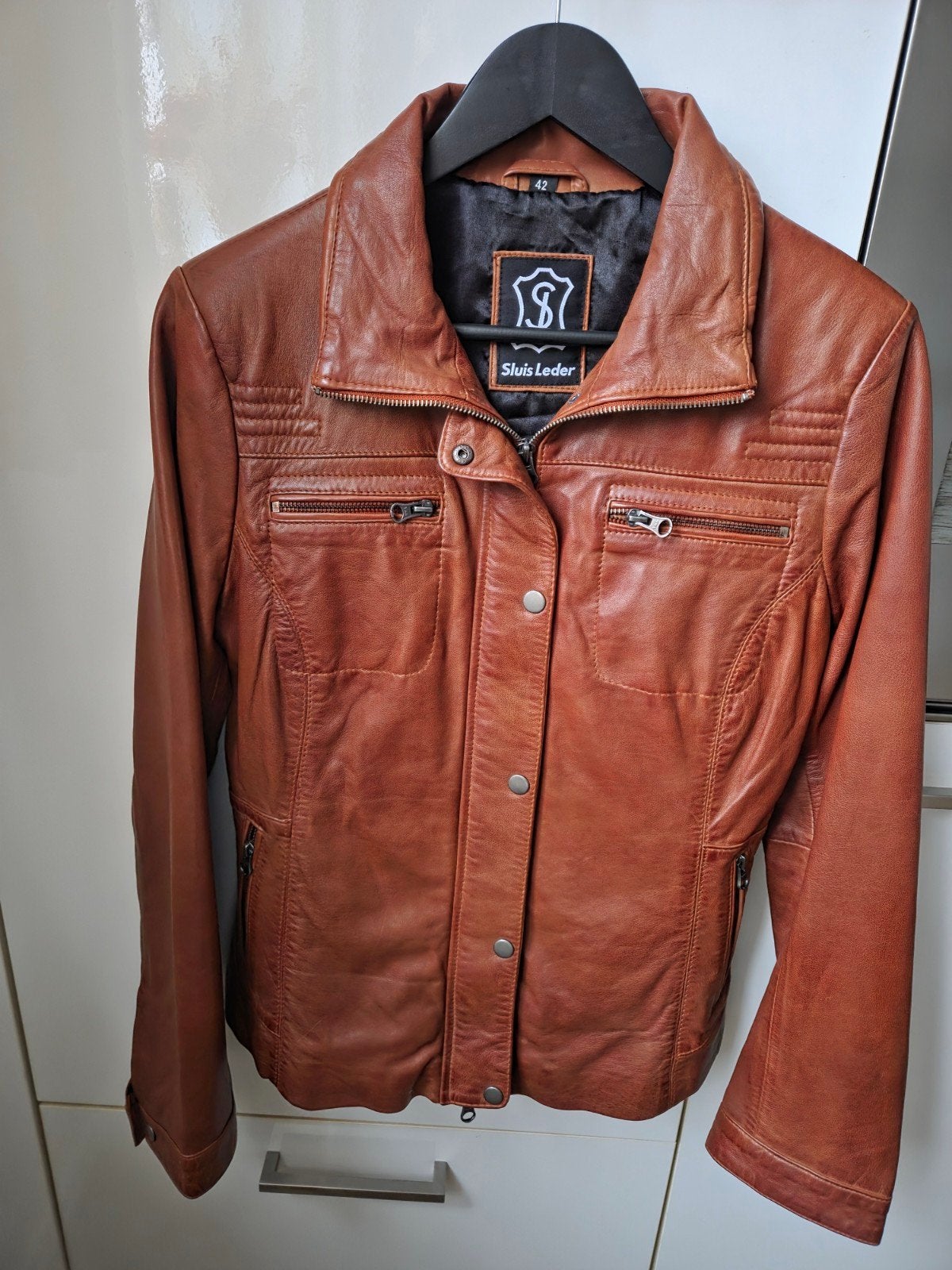 Sluis leder lamsleder lederen jas cognac maat 42 valt 38/40, Maat 38/40 (M), Bruin, Verzenden, Zo goed als nieuw