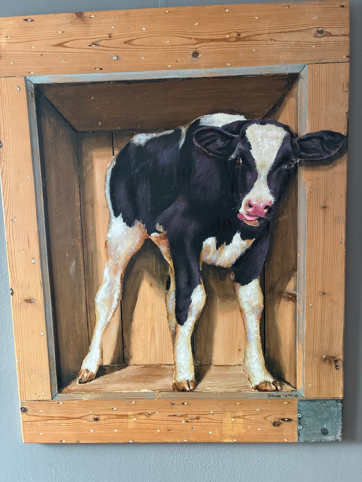 Realistisch schilderij van kalf in houten kist, Ophalen, Paneel, Realistisch, Dieren