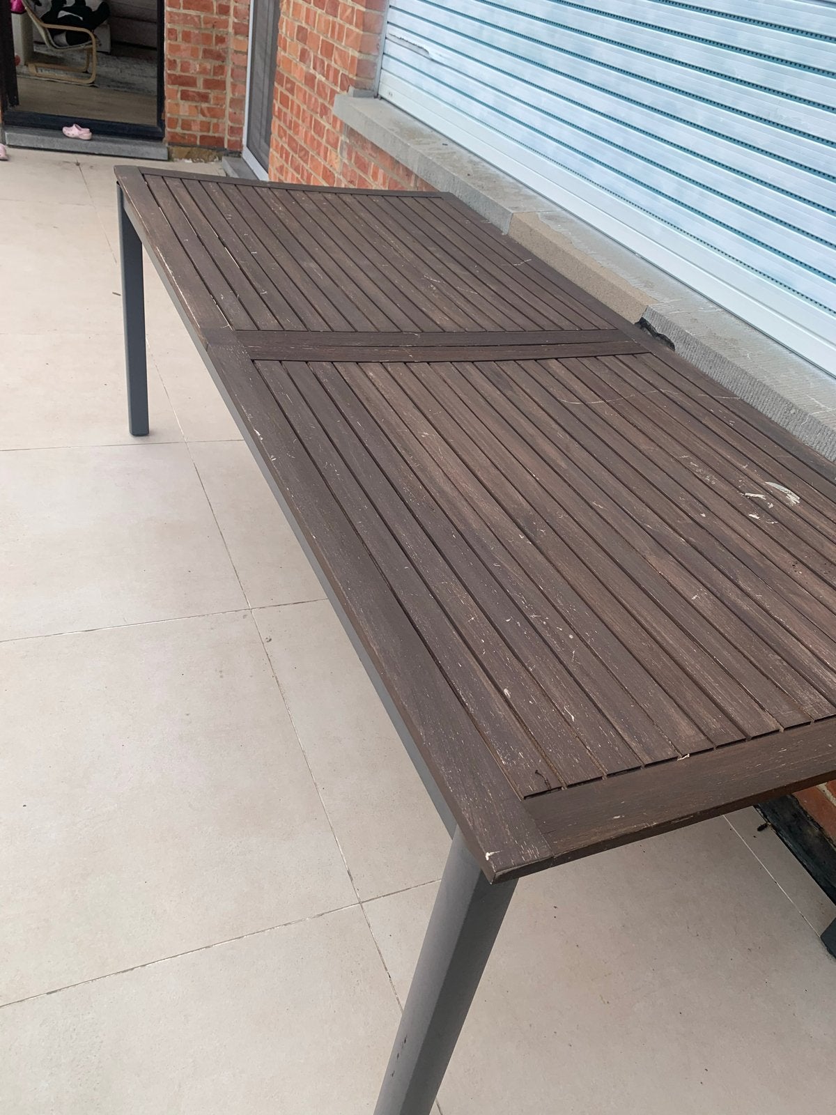 Houten tuintafel met metalen onderstel, Ophalen, Gebruikt, Rechthoekig, Hout