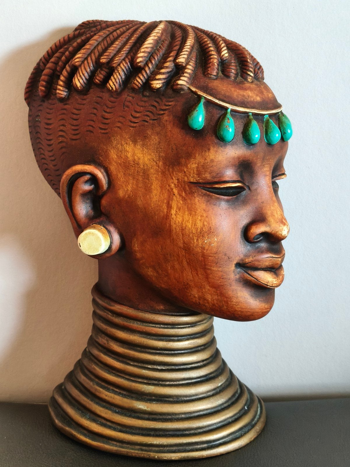 Vintage Achatit Wandmasker / Buste Afrikaanse Vrouw No. 6052, Natuurlijk materiaal, Afrika, Masker, Ophalen of Verzenden