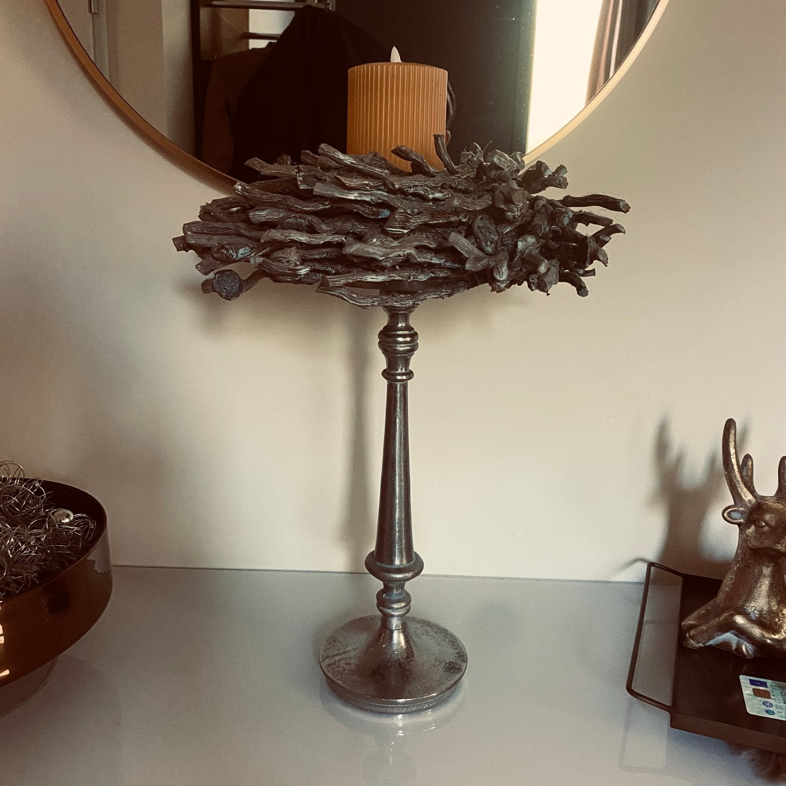 Decoratieve Kandelaar met Houten Krans - Zilverkleurig, Overige merken, Ophalen of Verzenden, Zo goed als nieuw, Kandelaar