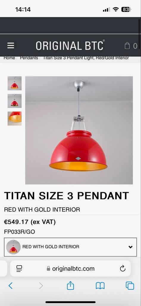 2x BTC Titan hanglamp rood/goud, Ophalen, Gebruikt, Metaal, Minder dan 50 cm