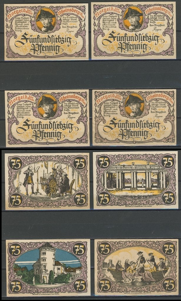 Rheinsberg 4 x 75 Pfg 1922 Duits Noodgeld  Biljet c-75 jdu, Verzenden, Duitsland, Setje