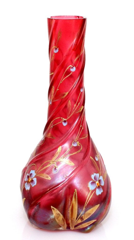 Schitterende Boheemse Geschilderde Cranberry Vaas Ca 1920, Antiek en Kunst, Antiek | Glas en Kristal, Ophalen of Verzenden