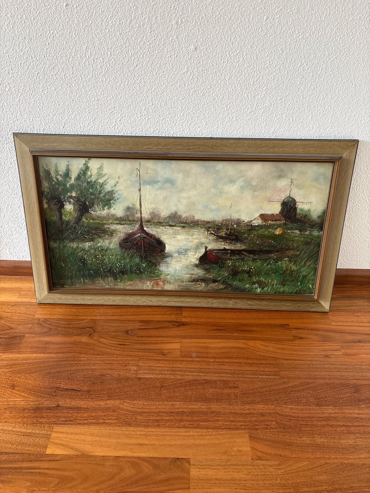 Olieverfschilderij Hollands Landschap met Molen en Boten, Ophalen, Doek, Landschap, Olieverf
