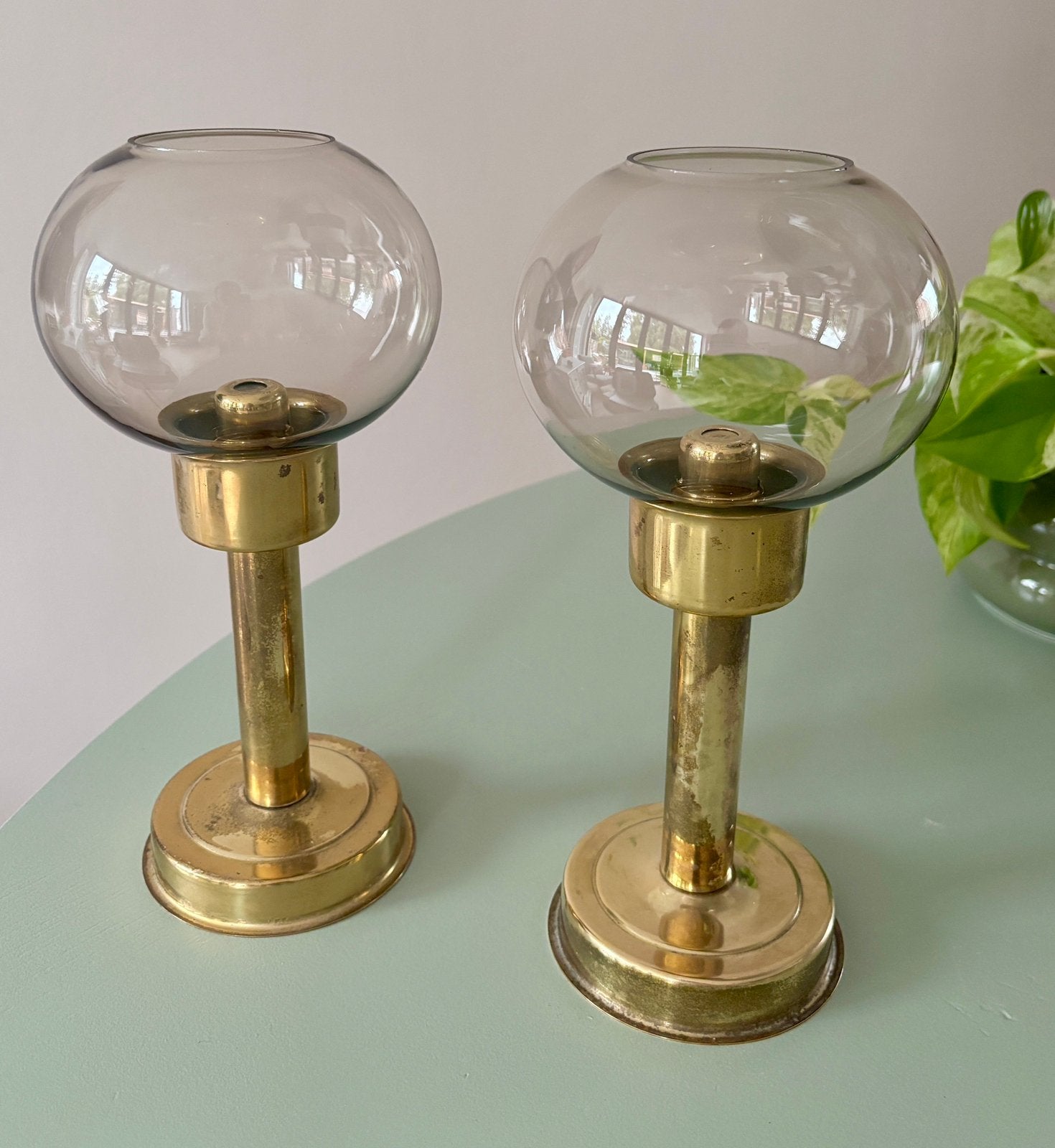 Set vintage messing stormlampen met veersysteem ️ Space Age, Ophalen of Verzenden, Glas