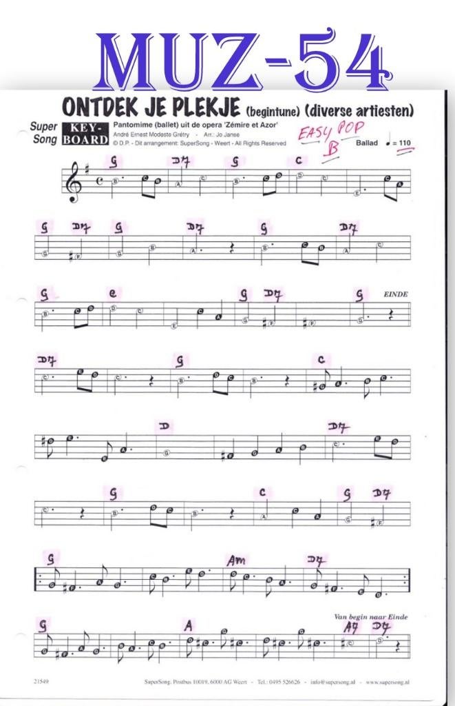 Muz54 Bladmuziek Super song Ontdek je plekje ( begintune ), Gebruikt, Ophalen of Verzenden, Artiest of Componist, Keyboard
