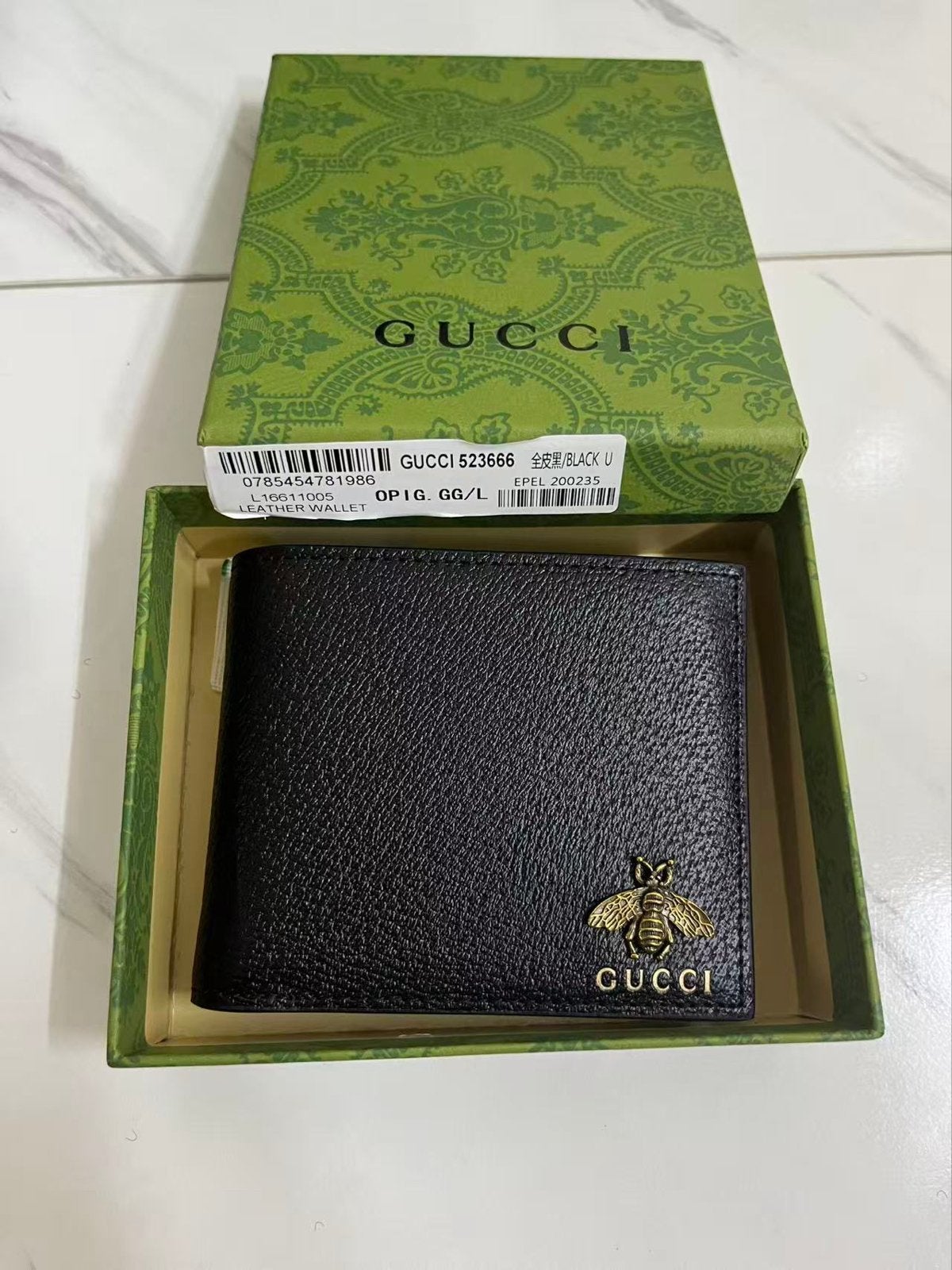 Stijlvolle Gucci leren portemonnee met gouden bij-logo, Overige merken, Zwart, Ophalen of Verzenden, Zo goed als nieuw